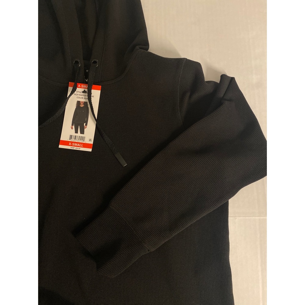 DKNY Tech Waffle Hoodie Black Long Sleeve Thermal Pullover Womens XS Casual - Picture 2 of 9